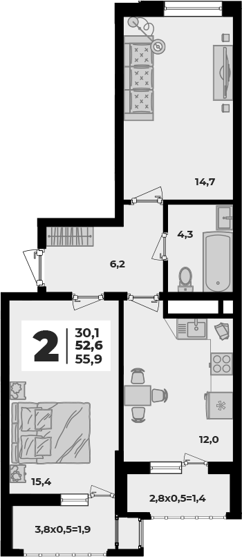 Планировка двухкомнатная 55.9 м² в ЖК «Родной дом 5», корпус 2