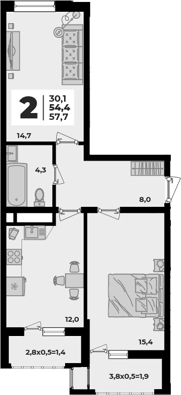 Планировка двухкомнатная 57.7 м² в ЖК «Родной дом 5», корпус 1