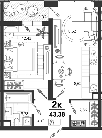 Планировка евродвушка (2Е) 43.38 м² в ЖК «Родные Просторы», корпус 15