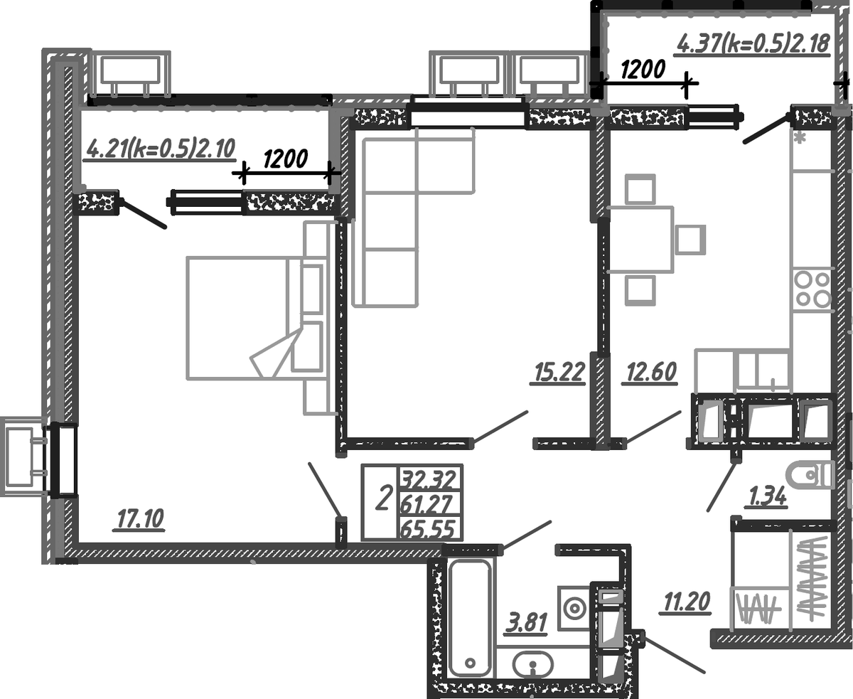 Планировка двухкомнатная 65.55 м² в ЖК «Родные Просторы», корпус 23
