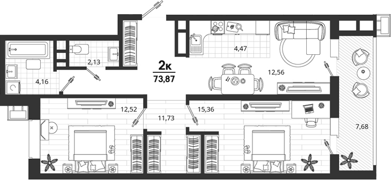 Планировка двухкомнатная 73.87 м² в ЖК «Родные Просторы», корпус 17