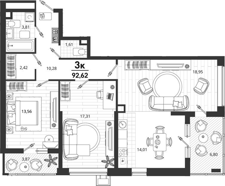 Планировка евротрёшка (3Е) 92.62 м² в ЖК «Родные Просторы», корпус 15