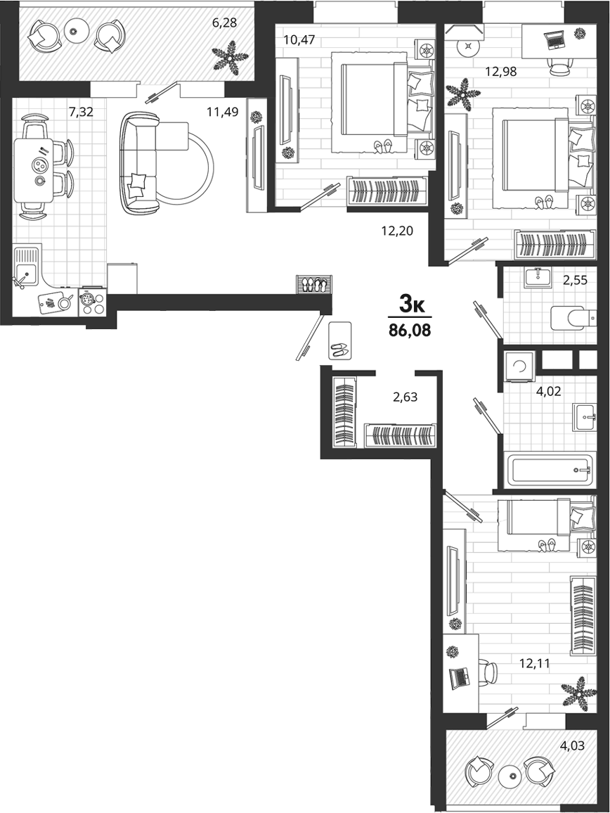 Планировка трёхкомнатная 86.08 м² в ЖК «Родные Просторы», корпус 17