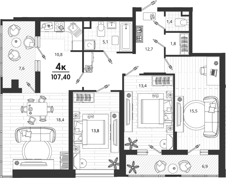 Планировка евро-4 (4Е) 107.4 м² в ЖК «Родные Просторы», корпус 12