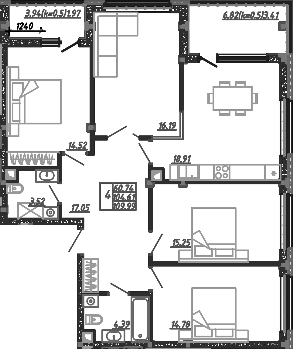 Планировка 5Е-к.кв 108.05 м² в ЖК «Родные Просторы», корпус 24