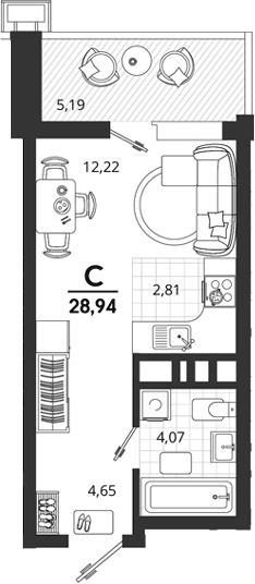 Планировка Студии 28.94 м² в ЖК «Родные Просторы», корпус 17