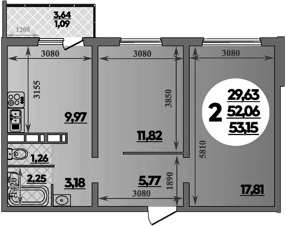 Планировка двухкомнатная 53.15 м² в ЖК «Романовский», корпус 1