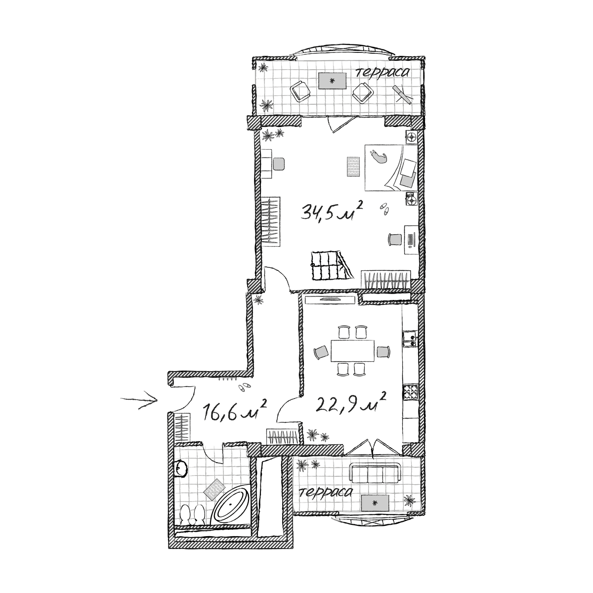 Планировка однокомнатная 108.5 м² в ЖК «Сады морей», корпус Клод Моне
