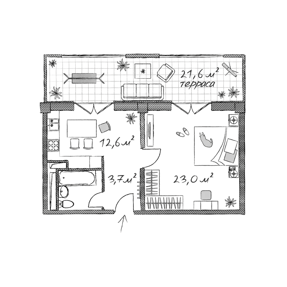 Планировка однокомнатная 66.6 м² в ЖК «Сады морей», корпус Альфред Сислей