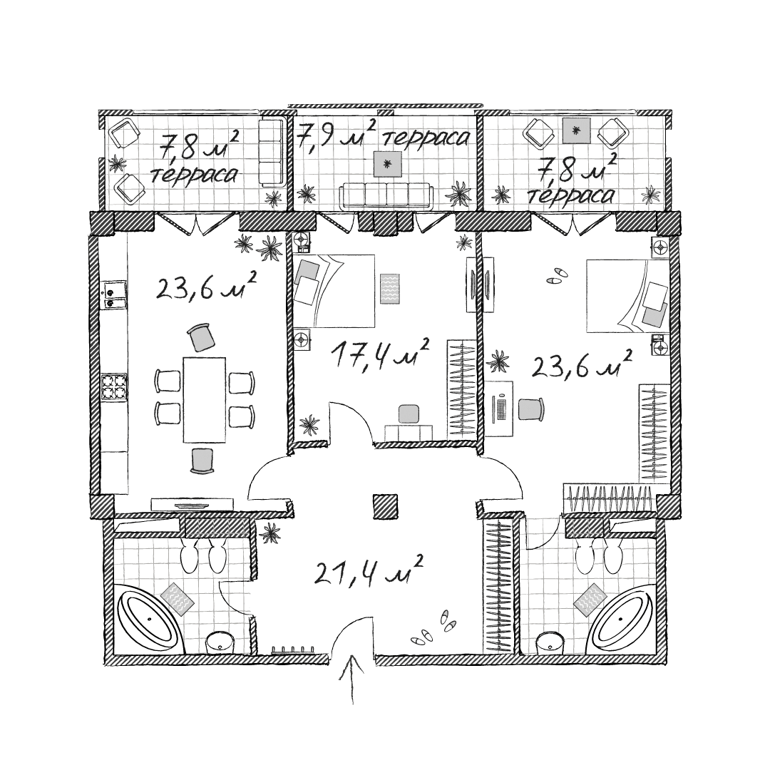 Планировка двухкомнатная 110.6 м² в ЖК «Сады морей», корпус Клод Моне