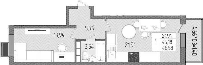 Планировка однокомнатная 46.58 м² в ЖК «Сады у моря», корпус 3