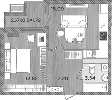 Планировка евродвушка (2Е) 40.44 м² в ЖК «Сады у моря», корпус 2
