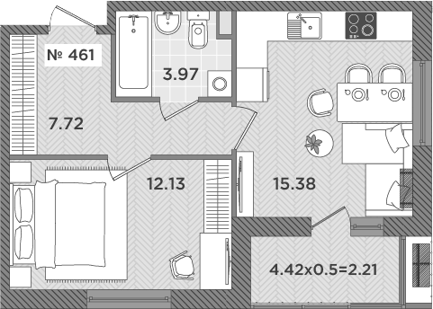 Планировка евродвушка (2Е) 41.41 м² в ЖК «Сады у моря», корпус 2