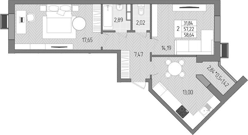 Планировка двухкомнатная 58.64 м² в ЖК «Сады у моря», корпус 3