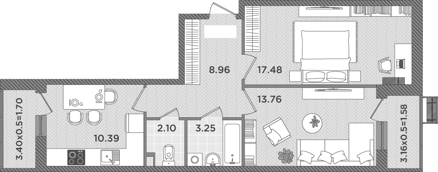 Планировка двухкомнатная 59.22 м² в ЖК «Сады у моря», корпус 2
