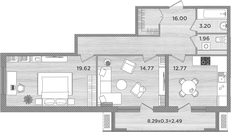 Планировка двухкомнатная 70.81 м² в ЖК «Сады у моря», корпус 2
