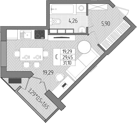 Планировка Студии 31.1 м² в ЖК «Сады у моря», корпус 3