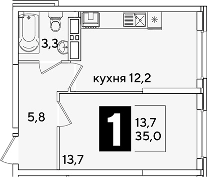Планировка однокомнатная 35 м² в ЖК «Самолет», корпус 65