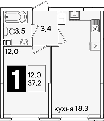 Планировка евродвушка (2Е) 37.2 м² в ЖК «Самолет», корпус 64