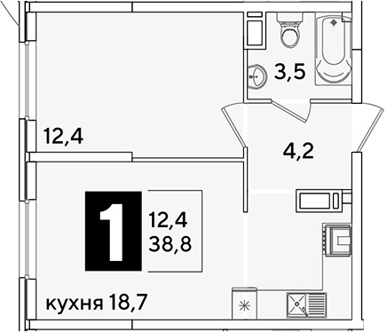 Планировка евродвушка (2Е) 38.8 м² в ЖК «Самолет», корпус 65