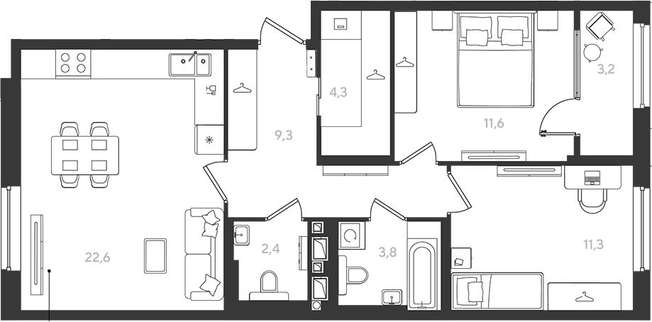 Планировка двухкомнатная 68.5 м² в ЖК «Самолет», корпус 1