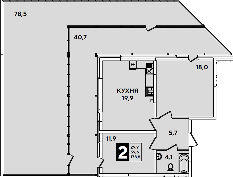 Планировка евротрёшка (3Е) 178.8 м² в ЖК «Самолет», корпус 13