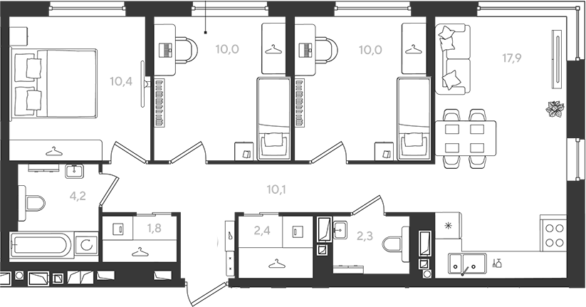 Планировка трёхкомнатная 69.1 м² в ЖК «Самолет», корпус 2