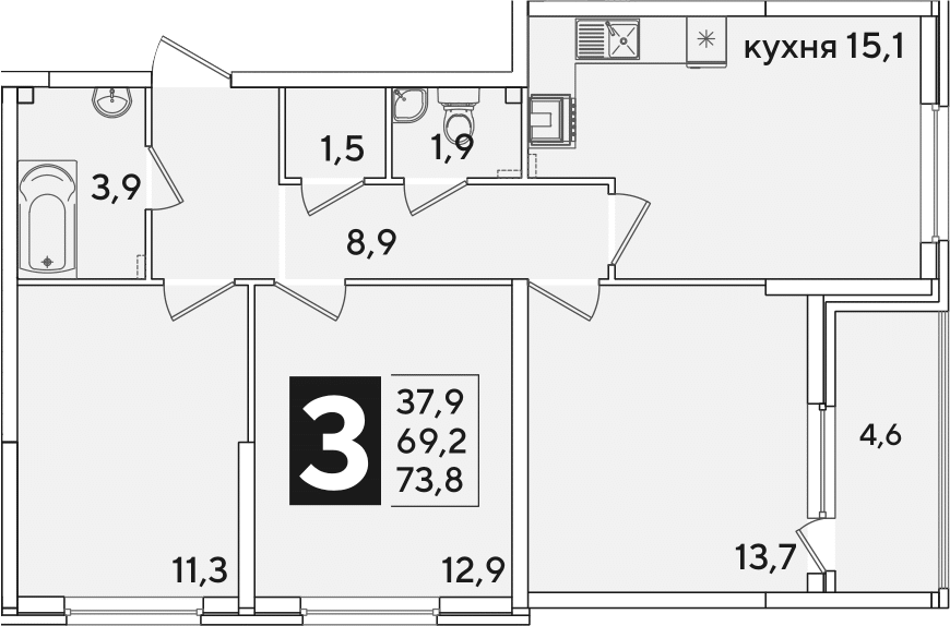 Планировка евро-4 (4Е) 73.8 м² в ЖК «Самолет», корпус 46