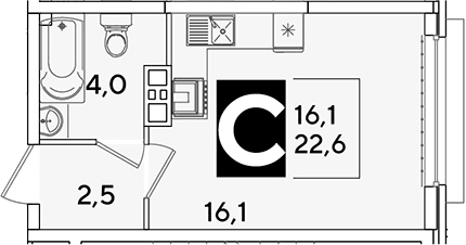 Планировка Студии 22.6 м² в ЖК «Самолет», корпус 66