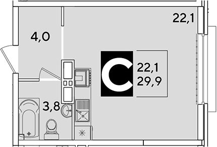 Планировка Студии 29.9 м² в ЖК «Самолет», корпус 65