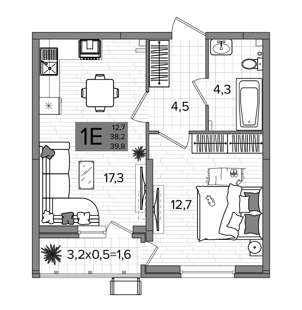 Планировка евродвушка (2Е) 39.8 м² в ЖК «Сармат», корпус 1