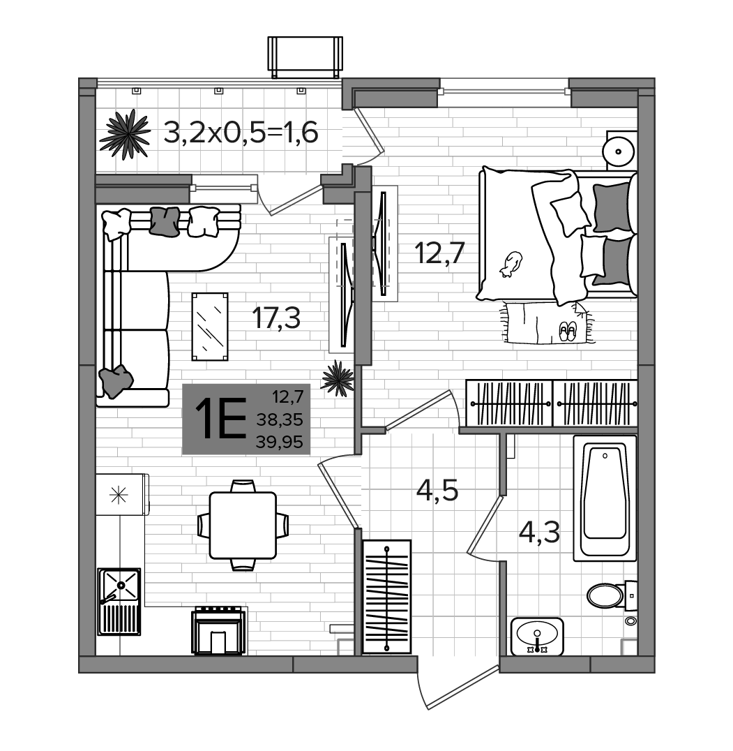 Планировка евродвушка (2Е) 39.95 м² в ЖК «Сармат», корпус 1