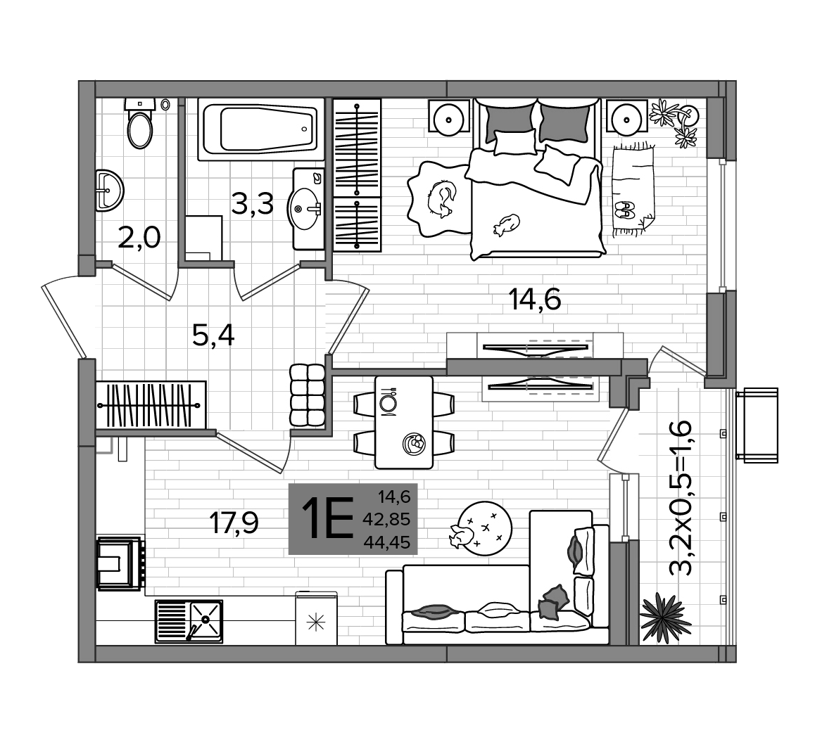 Планировка евродвушка (2Е) 44.45 м² в ЖК «Сармат», корпус 2