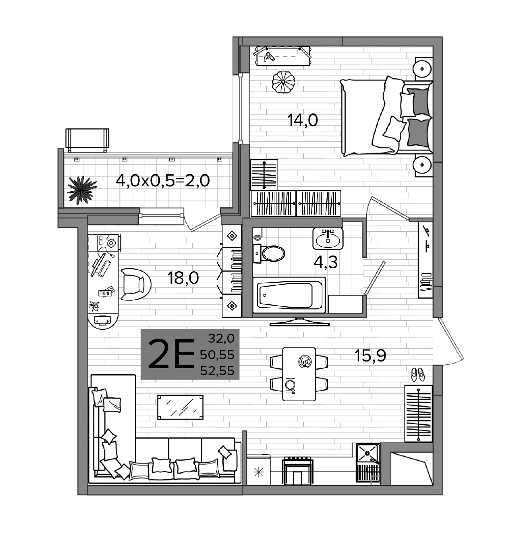 Планировка евротрёшка (3Е) 52.55 м² в ЖК «Сармат», корпус 2