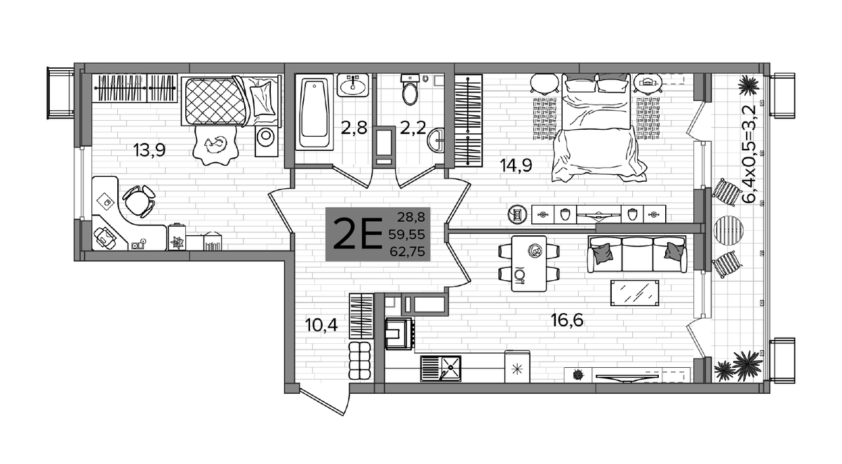 Планировка евротрёшка (3Е) 62.75 м² в ЖК «Сармат», корпус 2