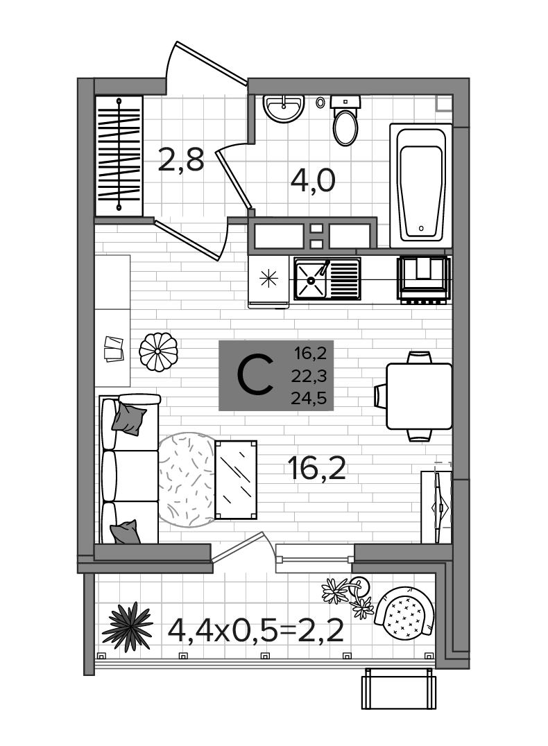 Планировка Студии 24.5 м² в ЖК «Сармат», корпус 1