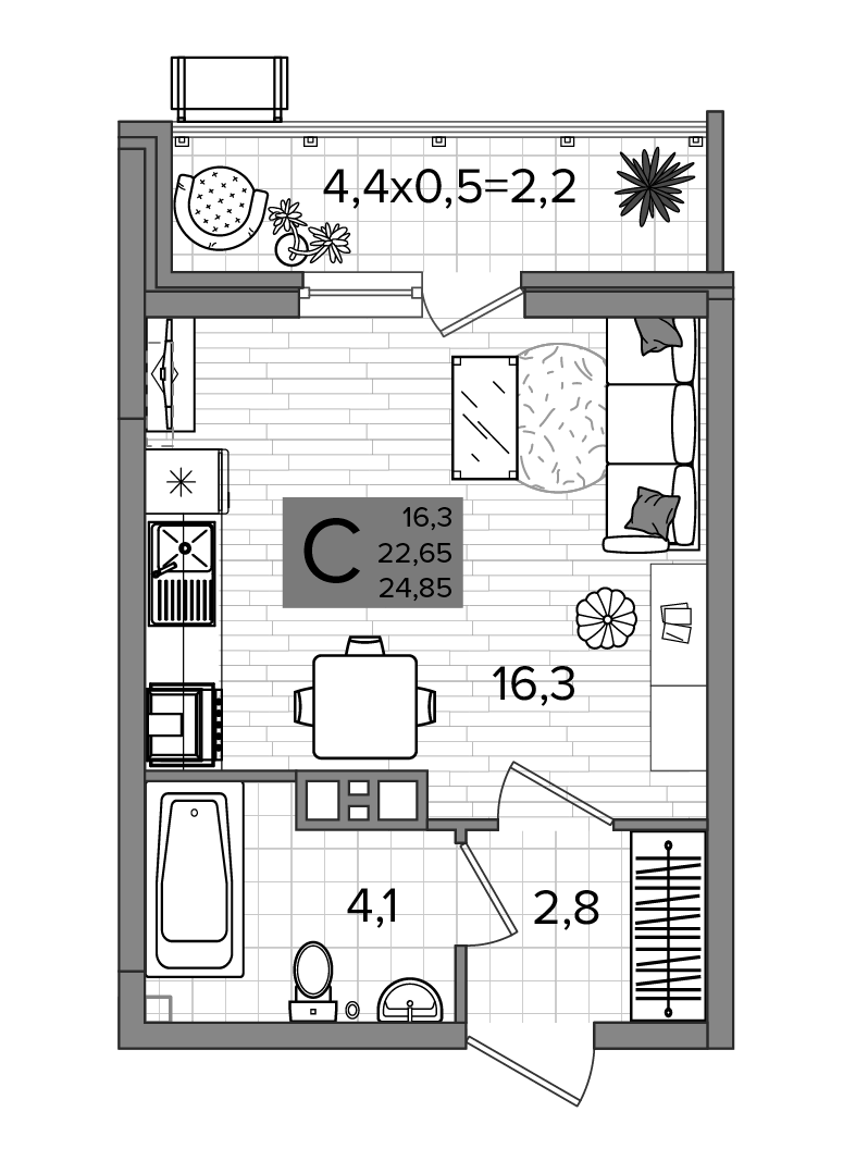 Планировка Студии 24.85 м² в ЖК «Сармат», корпус 2