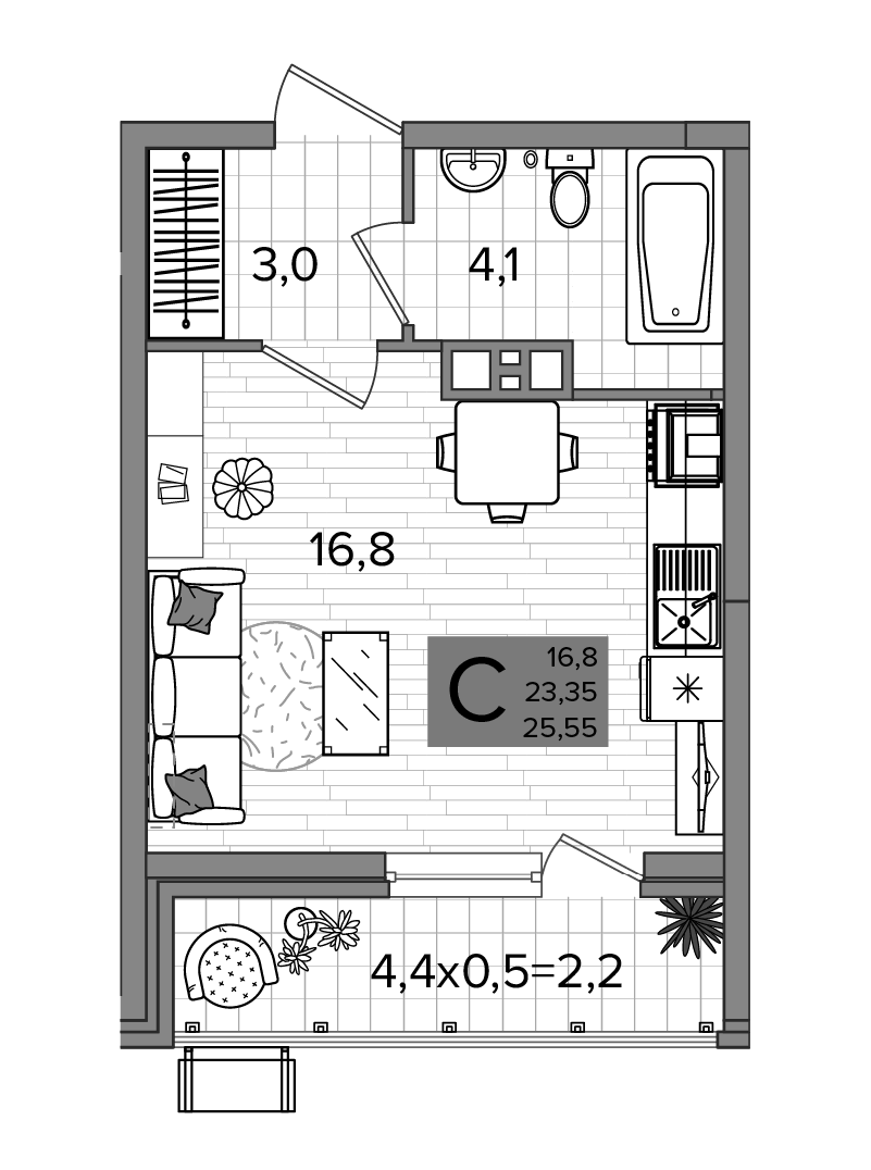 Планировка Студии 25.55 м² в ЖК «Сармат», корпус 1