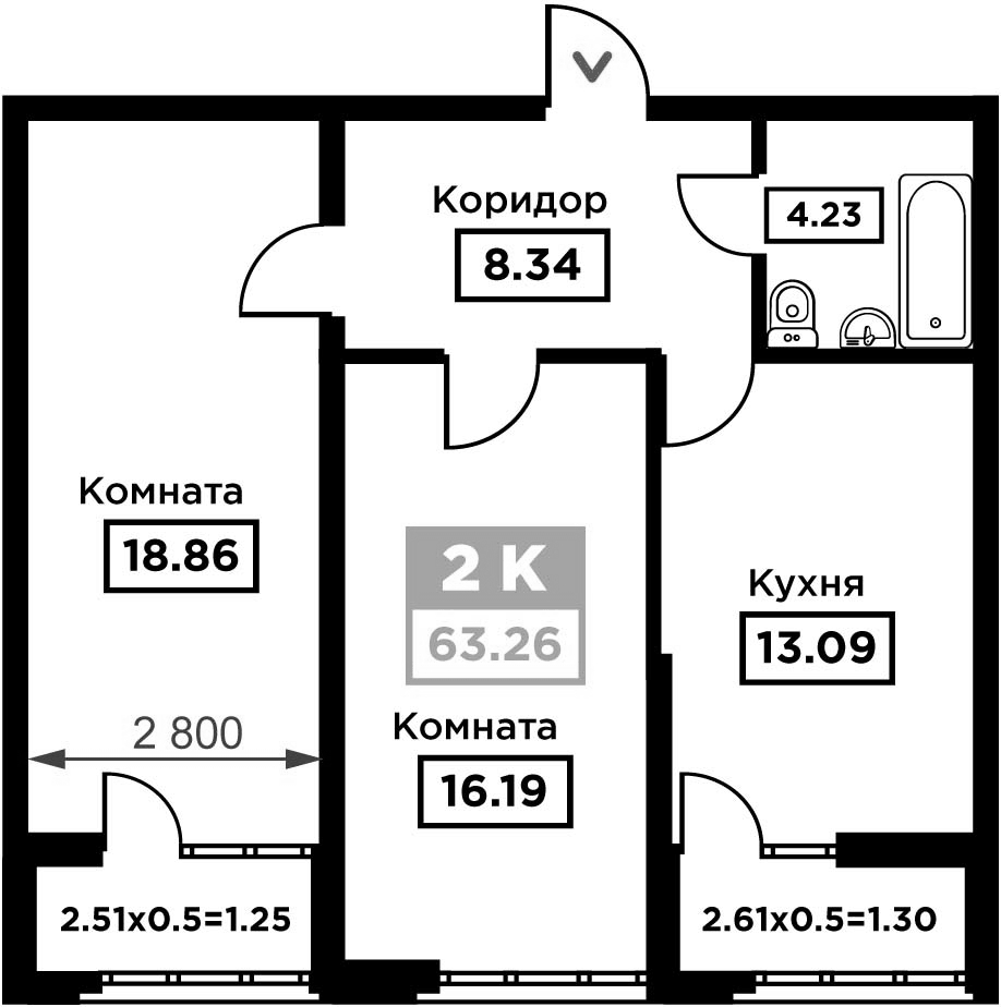 Планировка двухкомнатная 63.26 м² в ЖК «Сердце», корпус 1
