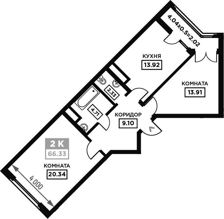 Планировка двухкомнатная 66.33 м² в ЖК «Сердце», корпус 1