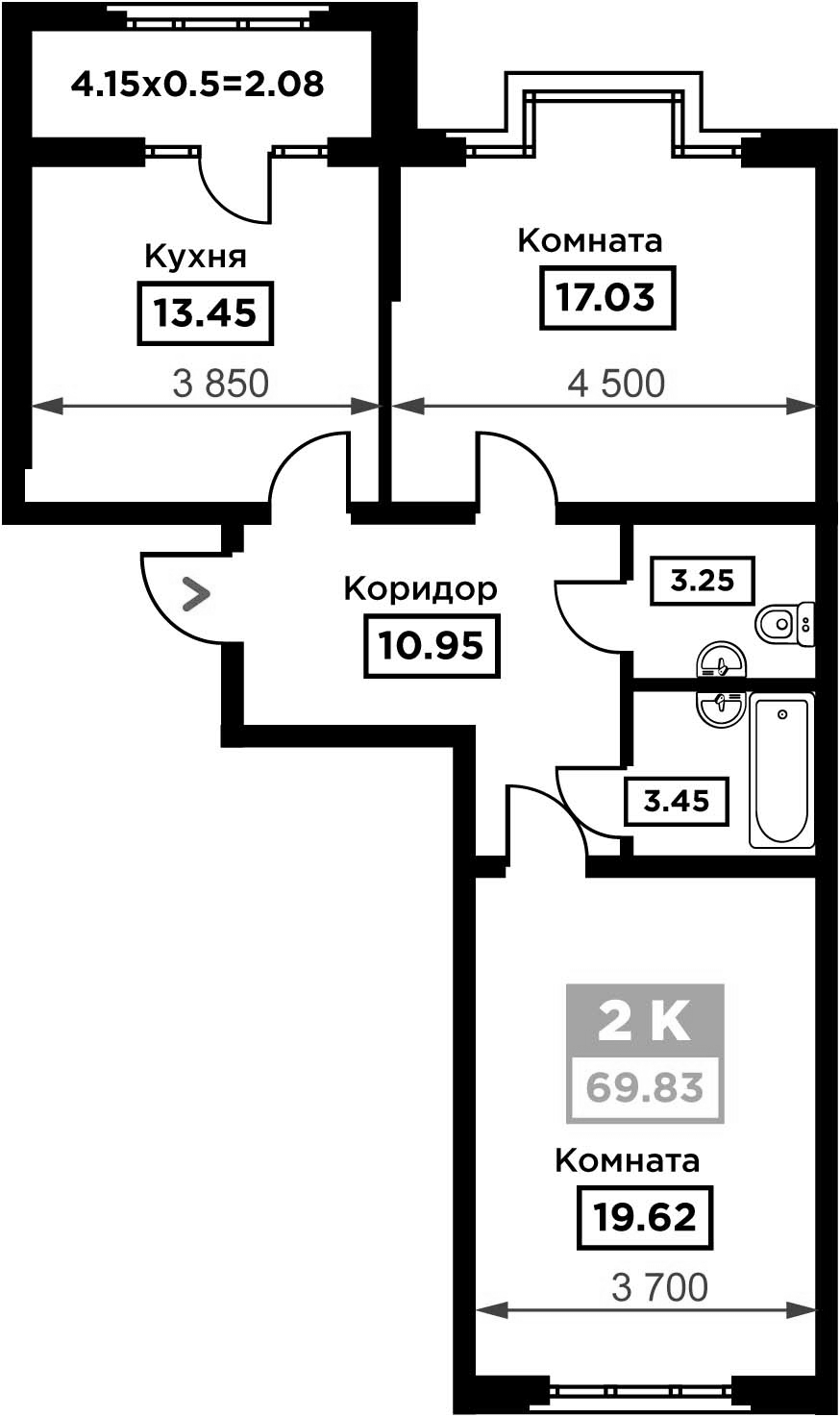 Планировка двухкомнатная 69.83 м² в ЖК «Сердце», корпус 1