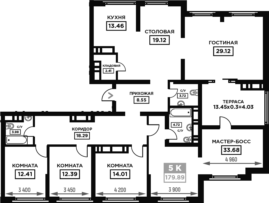Планировка пятикомнатная 179.89 м² в ЖК «Сердце», корпус 1