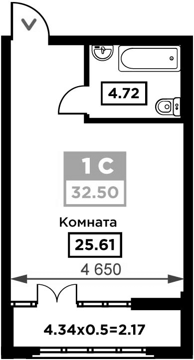 Планировка Студии 32.5 м² в ЖК «Сердце», корпус 1