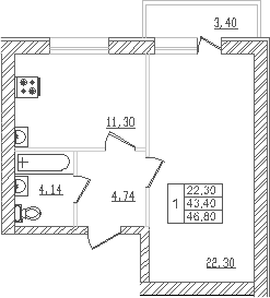 Планировка однокомнатная 44.42 м² в ЖК «Северный. СЗ Северный», корпус Литер Ж