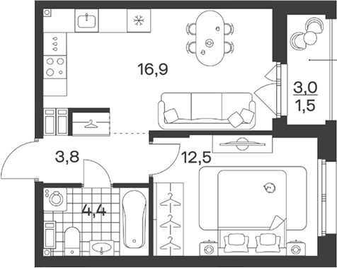 Планировка евродвушка (2Е) 39.1 м² в ЖК «Символ. ГК Трест», корпус 1