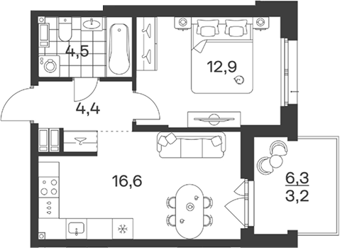 Планировка евродвушка (2Е) 41.6 м² в ЖК «Символ. ГК Трест», корпус 1