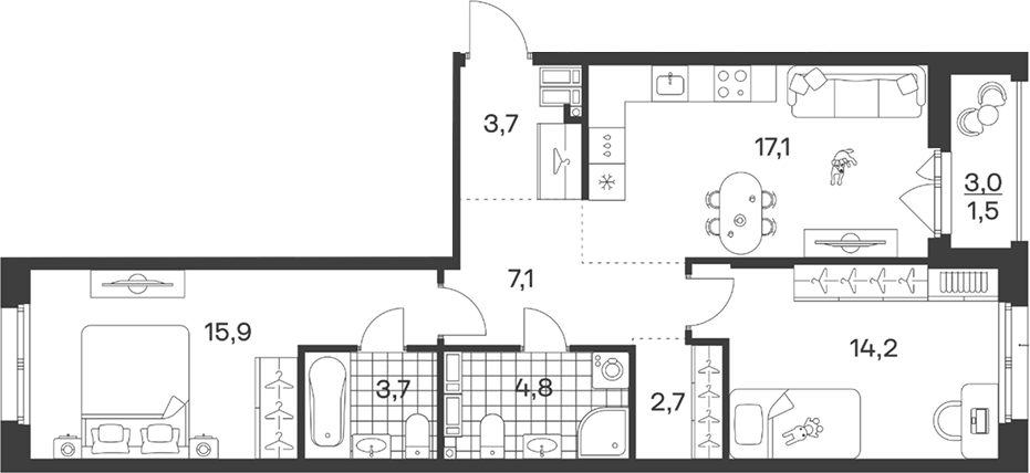 Планировка евротрёшка (3Е) 70.7 м² в ЖК «Символ. ГК Трест», корпус 1