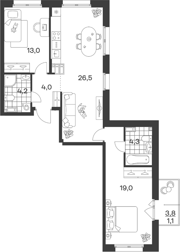 Планировка евротрёшка (3Е) 72.1 м² в ЖК «Символ. ГК Трест», корпус 1