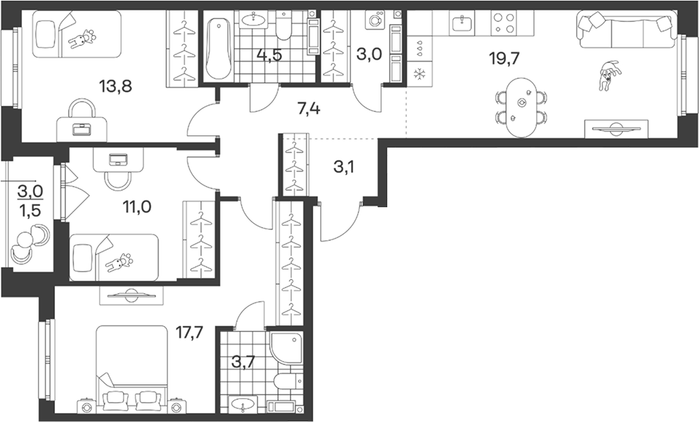 Планировка евро-4 (4Е) 85.4 м² в ЖК «Символ. ГК Трест», корпус 1
