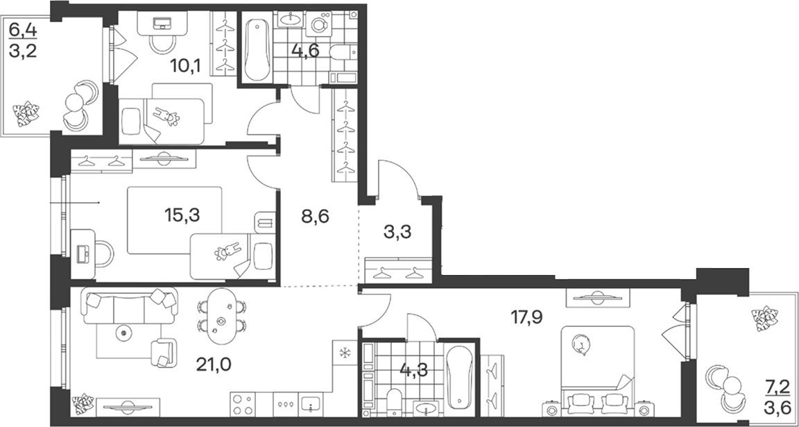 Планировка евро-4 (4Е) 91.9 м² в ЖК «Символ. ГК Трест», корпус 1